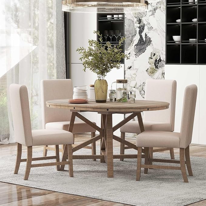 5-Piece Retro Style Dining Set with Extendable Round Table and 4 Upholstered Chairs for Kitchen, Living Room, Wood, 42"-58" L x 42" W x 30" H, Natural Wash - LeafyLoom