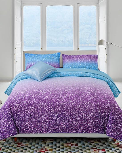 A Nice Night Girls Comforter Set Full Size 6 Piece Bed in A Bag 3D Colorful Sparkle Galaxy Rainbow Bedding Comforter Sheet Sets for Kids,BluePurple - LeafyLoom