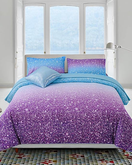 A Nice Night Girls Comforter Set Twin Size 6 Piece Bed in A Bag 3D Colorful Sparkle Galaxy Rainbow Bedding Comforter Sheet Sets for Kids,BluePurple - LeafyLoom