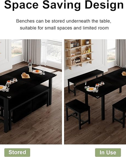 Feonase 5-Piece Dining Table Set for 4-8 People, 63" Large Extendable Kitchen Table Set with 2 Benches and 2 Square Stools, Dining Room Table with MDF Wood Board, Easy Assembly, Black - LeafyLoom