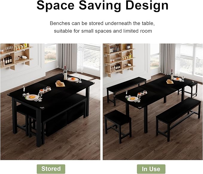 Feonase 5-Piece Dining Table Set for 4-8 People, 63" Large Extendable Kitchen Table Set with 2 Benches and 2 Square Stools, Dining Room Table with MDF Wood Board, Easy Assembly, Black - LeafyLoom