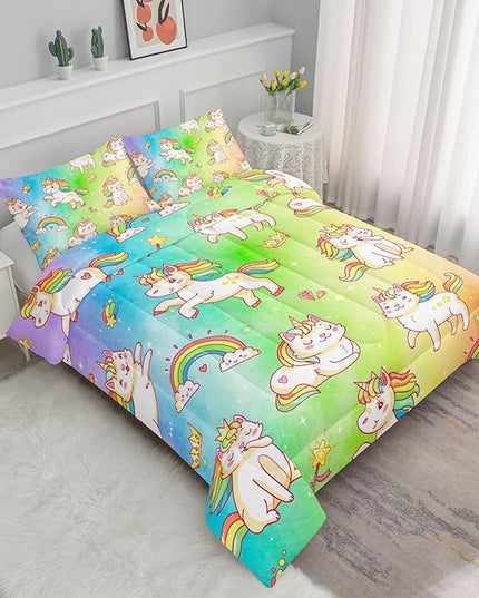 Datura home Kids Unicorn Comforter Set for Girls Boys,Kawaii Rainbow Unicorn Printed Pattern Rainbow Kawaii Bedding Set with 2 Pillowcases(Rainbow Unicorn Queen) - LeafyLoom