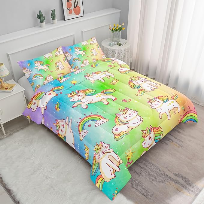 Datura home Kids Unicorn Comforter Set for Girls Boys,Kawaii Rainbow Unicorn Printed Pattern Rainbow Kawaii Bedding Set with 2 Pillowcases(Rainbow Unicorn Full) - LeafyLoom