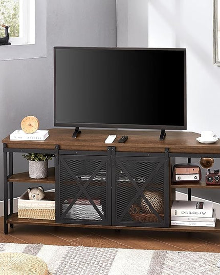 HOMISSUE Corner TV Stand, Corner TV Stand for 55 60 Inch TV, Industrial & Farmhouse Corner Entertainment Center w/Sliding Barn Door, Corner TV Cabinet for Living Room, Brown - LeafyLoom
