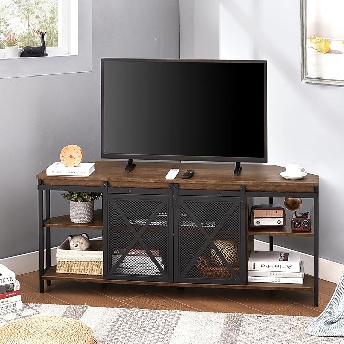 HOMISSUE Corner TV Stand, Corner TV Stand for 55 60 Inch TV, Industrial & Farmhouse Corner Entertainment Center w/Sliding Barn Door, Corner TV Cabinet for Living Room, Brown - LeafyLoom