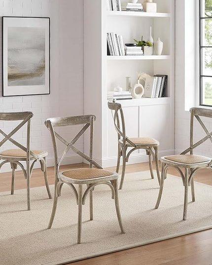 Modway Gear Rustic Modern Farmhouse Elm Wood Rattan Four Dining Chairs in Gray - LeafyLoom