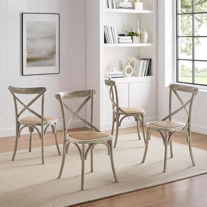 Modway Gear Rustic Modern Farmhouse Elm Wood Rattan Four Dining Chairs in Gray - LeafyLoom