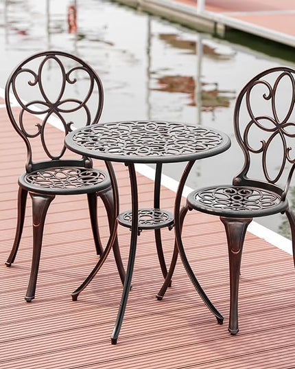 3 Piece Outdoor Bistro Set, Cast Aluminum Bistro Table and Chairs Set, Weather Resistant Patio Metal Bistro Sets, Patio Table Set with Umbrella Hole for Balcony Backyard Garden - LeafyLoom