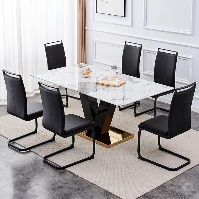 Modern Dining Chairs Set of 6,High Back Kitchen Chairs,Side Room Chair with Black Powder Coating Metal Legs,Easy to Clean Upholstered Dining Chairs,Ideal for Living Room(Black Chairs) - LeafyLoom