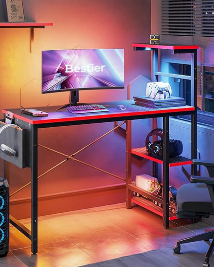 Bestier Gaming Desk with LED Lights, 44 Inch PC Gamer Desk for Small Spaces, Computer Desk with Reversible Storage Shelves & Side Storage Bag (Black 3D Carbon Fiber) - LeafyLoom