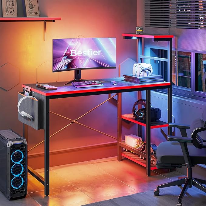Bestier Gaming Desk with LED Lights, 44 Inch PC Gamer Desk for Small Spaces, Computer Desk with Reversible Storage Shelves & Side Storage Bag (Black 3D Carbon Fiber) - LeafyLoom