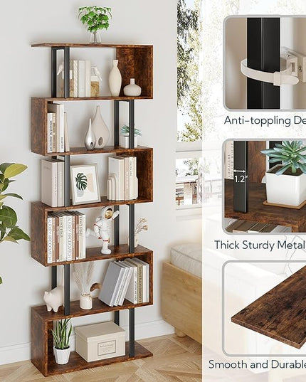 Yusong Geometric Bookcase, S Shaped Bookshelf 6-Tier Book Shelves for Bedroom, Modern Wood Decorative Display Shelf Tall Book Case for Home Office, Bown and Black - LeafyLoom