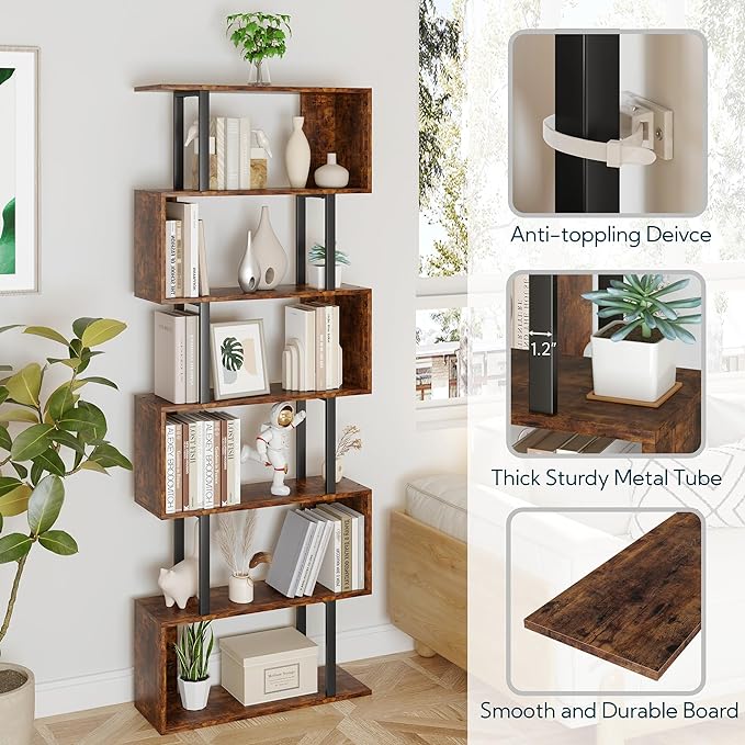 Yusong Geometric Bookcase, S Shaped Bookshelf 6-Tier Book Shelves for Bedroom, Modern Wood Decorative Display Shelf Tall Book Case for Home Office, Bown and Black - LeafyLoom