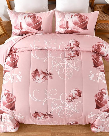 WONGS BEDDING Pink Comforter Set Queen Reversible Pink Rose Pattern Printed Bedding Comforter Set with 2 Pillowcases for All Season, Soft Microfiber Filling Bedding Set 90"x90" - LeafyLoom