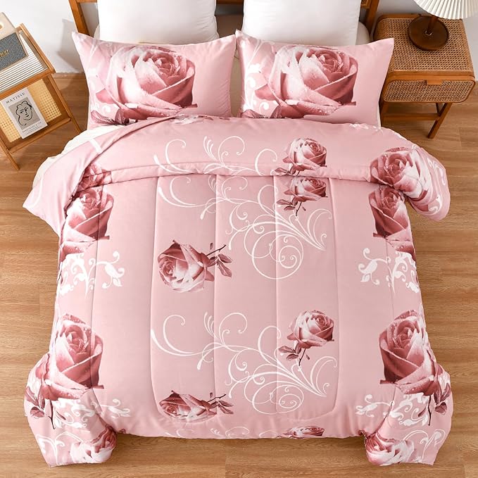 WONGS BEDDING Pink Comforter Set Queen Reversible Pink Rose Pattern Printed Bedding Comforter Set with 2 Pillowcases for All Season, Soft Microfiber Filling Bedding Set 90"x90" - LeafyLoom