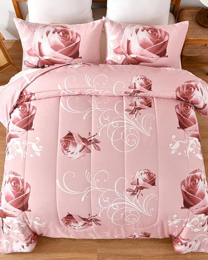 WONGS BEDDING Pink Comforter Set King Reversible Pink Rose Pattern Printed Bedding Comforter Set with 2 Pillowcases for All Season, Soft Microfiber Filling Bedding Set 103"x90" - LeafyLoom