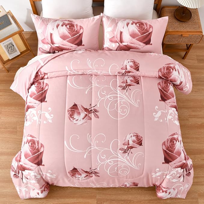 WONGS BEDDING Pink Comforter Set King Reversible Pink Rose Pattern Printed Bedding Comforter Set with 2 Pillowcases for All Season, Soft Microfiber Filling Bedding Set 103"x90" - LeafyLoom