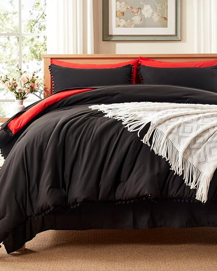 Anluoer King Comforter Set 7 Piece, Black Bed in a Bag with Sheets, Pom Pom Boho Bedding Comforter Sets with 1 Comforter, 2 Pillow Shams, 2 Pillowcases, 1 Flat Sheet, 1 Fitted Sheet - LeafyLoom