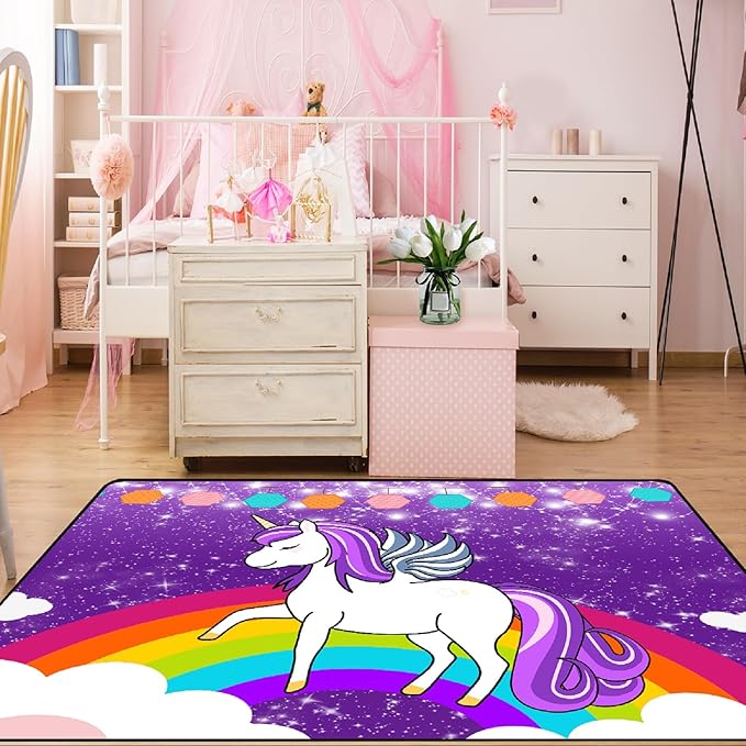 Unicorn Rugs for Girls Bedroom Unicorn Area Rugs for Girls Bedroom Rainbow Carpet Kids Unicorn Rugs for Bedroom Girls Living Room Floor Mat, Purple, 3'×4' - LeafyLoom