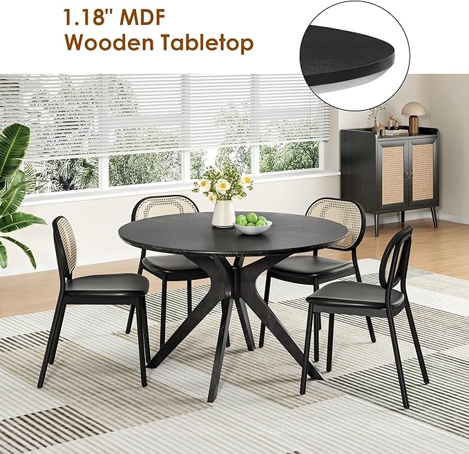 Soohow 47.2'' Solid Wood Round Dining Table for 4-6 People,Kitchen Table Round Wood Dining Table with Intersecting Pedestal Base,Black - LeafyLoom