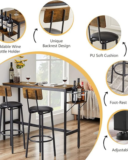Bar Table and Chairs Set for 2, 3 Pieces Pub Dining Table Set with Collapsible Bottle Holder, 2 Bar Stools PU Upholstery Seat with Backrest for Kitchen, Apartment, Small Space - LeafyLoom