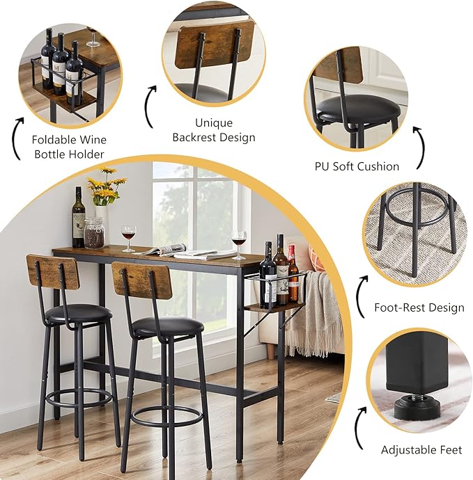 Bar Table and Chairs Set for 2, 3 Pieces Pub Dining Table Set with Collapsible Bottle Holder, 2 Bar Stools PU Upholstery Seat with Backrest for Kitchen, Apartment, Small Space - LeafyLoom