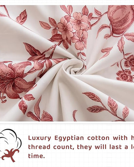 QSH Floral Queen Size Sheet Sets - 100% Egyptian Cotton Sheets Elegant Red Roses Flower Pattern Printed Bedding Sheets Queen Size Bed Extra Soft and Breathable 4pcs Deep Pockets Bed Sheets - LeafyLoom