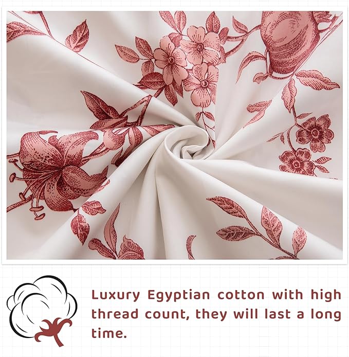 QSH Floral Queen Size Sheet Sets - 100% Egyptian Cotton Sheets Elegant Red Roses Flower Pattern Printed Bedding Sheets Queen Size Bed Extra Soft and Breathable 4pcs Deep Pockets Bed Sheets - LeafyLoom