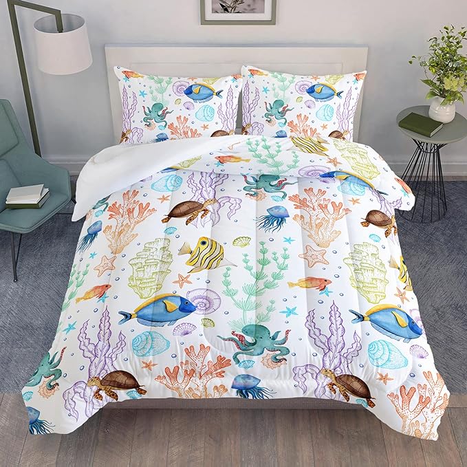 Turtle Comforter Set Queen Ocean Watercolor Sea Turtle Bedding Set Tropical Fish Marine Life Bed Set with 2 Pillowcases for Kids Room Decor - LeafyLoom