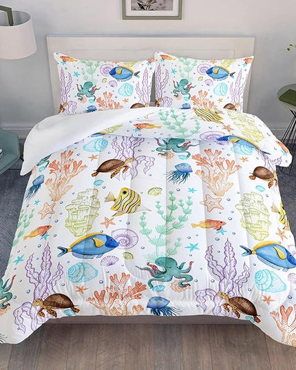 Turtle Comforter Set Twin Ocean Watercolor Sea Turtle Bedding Set Tropical Fish Marine Life Bed Set with 2 Pillowcases for Kids Room Decor - LeafyLoom