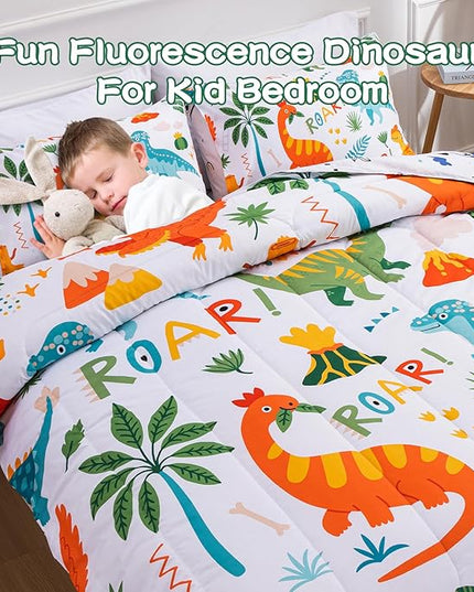 Meeting Story Dinosaur Bedding Set for Boys, Dinosaur Colorful Pattern Style Full Comforter Set, 3 PCS 1 Comforter and 2 Pillowcases in One Bag(Full,White) - LeafyLoom