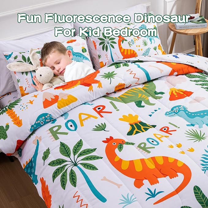 Meeting Story Dinosaur Bedding Set for Boys, Dinosaur Colorful Pattern Style Full Comforter Set, 3 PCS 1 Comforter and 2 Pillowcases in One Bag(Full,White) - LeafyLoom