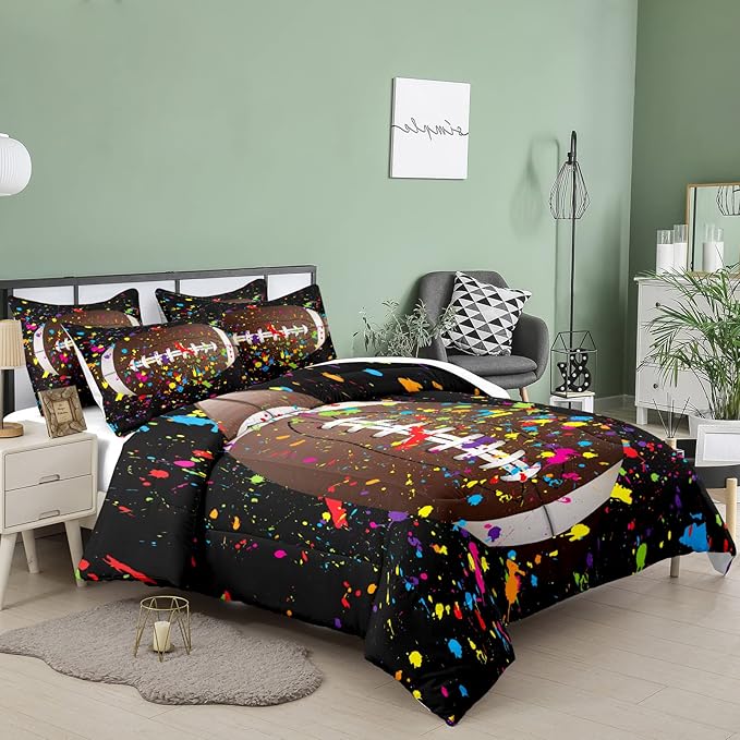 Tailor Shop Football Comforter Set for Boys Teens Kids Black Splash Ink Colorful Sports Football Bedding Set Queen Size with 1 Comforter 2 Pillow Shams…… - LeafyLoom