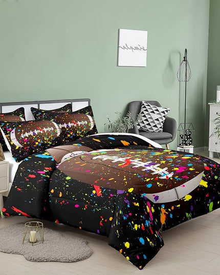 Tailor Shop Football Comforter Set for Boys Kids Teens 3D Colorful Splash Ink Football Sports Bedding Set Full Size with 1 Comforter 2 Pillow Shams…… - LeafyLoom