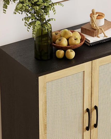 Rattan Decorated Buffet Cabinet - 2 Doors Simple Style Storage Cabinet, Shoe Cabinet with Adjustable Shelves, Sideboard for Kitchen, Living Room, Hallway, Entryway (Black) - LeafyLoom