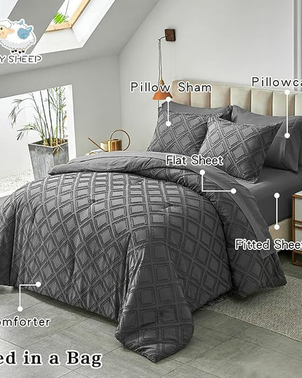 7 Pieces Tufted Bed in a Bag King Comforter Set with Sheets Dark Grey, Soft and Embroidery Shabby Chic Boho Bohemian, Luxury Solid Color with Diamond Pattern, Jacquard Tufts Bedding Set for All Season - LeafyLoom