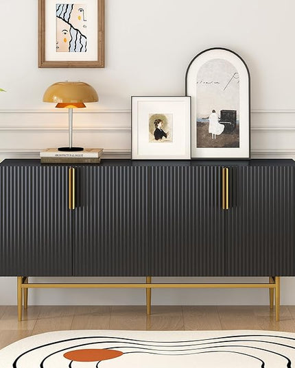 60" Modern 4-Door Elegant Sideboard with Gold Metal Handles and Legs,Storage Buffet Cabinet,W/Adjustable Shelves & Open Countertop,Console Table for Dining Living Room Hallway,Black - LeafyLoom