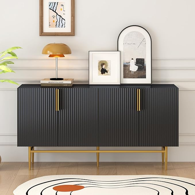 60" Modern 4-Door Elegant Sideboard with Gold Metal Handles and Legs,Storage Buffet Cabinet,W/Adjustable Shelves & Open Countertop,Console Table for Dining Living Room Hallway,Black - LeafyLoom