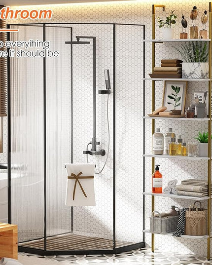 Ladder Shelf 6 Tiers Marble White Modern Bookshelf Open Tall Wall Mount Bookcase Standing Leaning Wall Shelves Industrial Decorative Living Room Bed Room - LeafyLoom