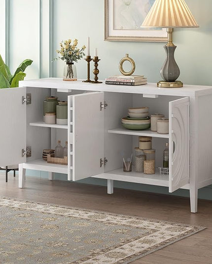 Retro Sideboard with Circular Groove Design Round Metal Door Handle,Wooden Buffet Cabinet,W/Adjustable Shelves & Open Countertop,for Entrance Living Dinning Room,White, 60" - LeafyLoom