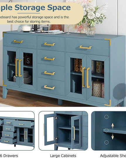60" Retro Sideboard with 6-Drawer and 2-Cabinet,Multifunctional Buffet,w/Gold Handles & Solid Wood Legs,Extra Large Storage Space,for Kitchen and Living Room,Antique Blue - LeafyLoom