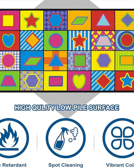 LIVEBOX Geometry Teaching Kids Rug for Classroom, Washable School Learning Area Rugs, Colorful Preschool Kids Classroom Carpet Non-Slip Playroom Mat for Home Learning,13'x7'5"(Seats-24) - LeafyLoom