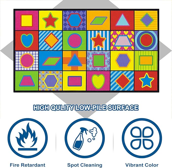 LIVEBOX Geometry Teaching Kids Rug for Classroom, Washable School Learning Area Rugs, Colorful Preschool Kids Classroom Carpet Non-Slip Playroom Mat for Home Learning,13'x7'5"(Seats-24) - LeafyLoom