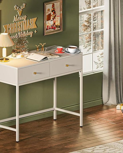 SUPERJARE 35.4" White Desk with 2 Drawers, Modern Makeup Vanity Desk, Small Computer Desk Home Office Desk for Writing Study Bedroom - LeafyLoom