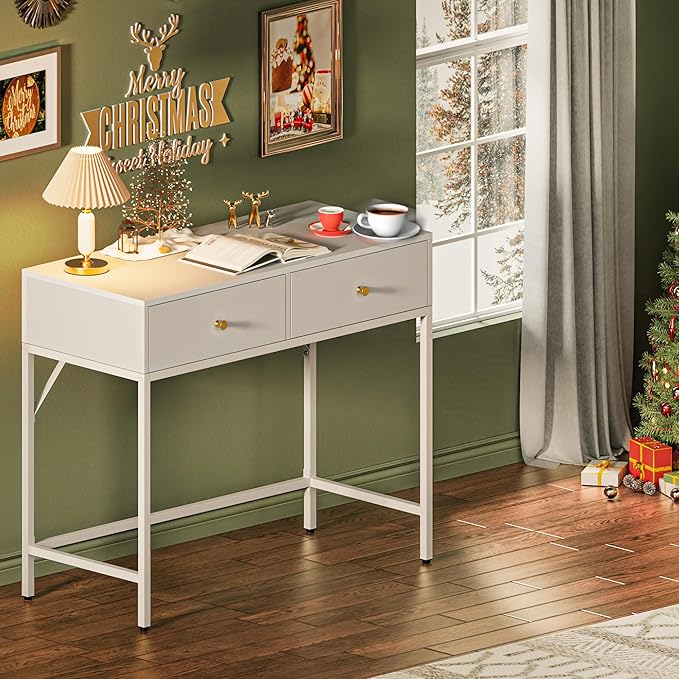SUPERJARE 35.4" White Desk with 2 Drawers, Modern Makeup Vanity Desk, Small Computer Desk Home Office Desk for Writing Study Bedroom - LeafyLoom