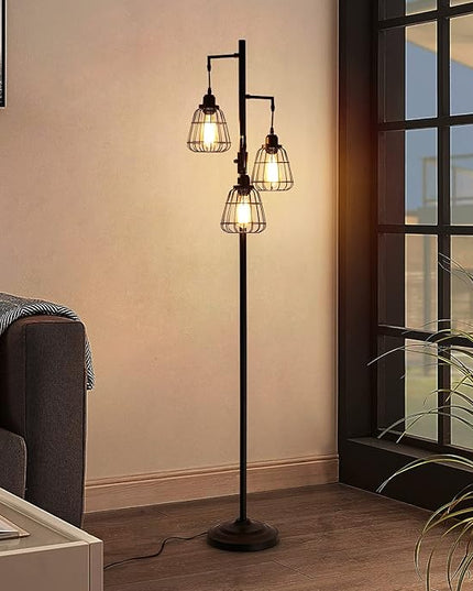 9MMML 68” Living Room Floor Lamp, Industrial Farmhouse 3 Teardrop Cage Standing Lamp,Black Tall Floor Lamp for Bedroom Office, 3 LED Edison Bulbs Included - LeafyLoom