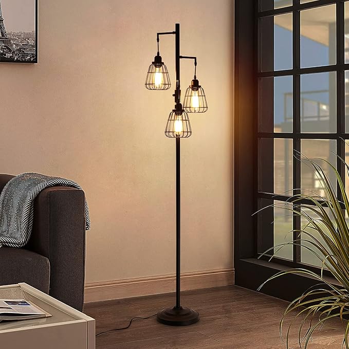 9MMML 68” Living Room Floor Lamp, Industrial Farmhouse 3 Teardrop Cage Standing Lamp,Black Tall Floor Lamp for Bedroom Office, 3 LED Edison Bulbs Included - LeafyLoom