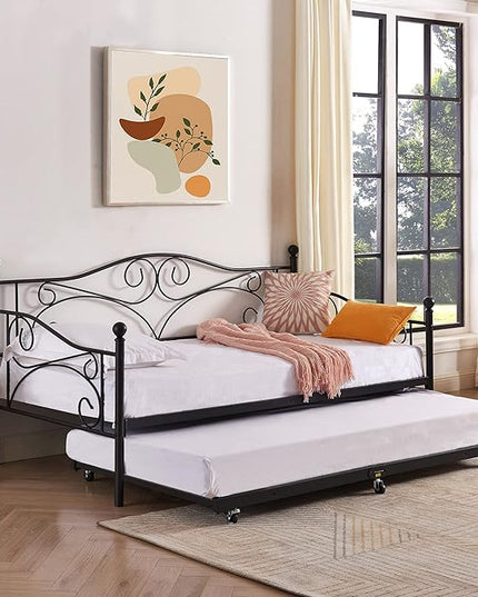 VECELO Daybed Frame Twin Size，Metal Steel Slat Support/Strong Legs with Headboard for Bedroom Living/Guest Room, Easy Assembly, Black - LeafyLoom