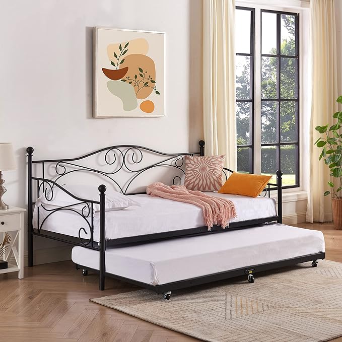 VECELO Daybed Frame Twin Size，Metal Steel Slat Support/Strong Legs with Headboard for Bedroom Living/Guest Room, Easy Assembly, Black - LeafyLoom