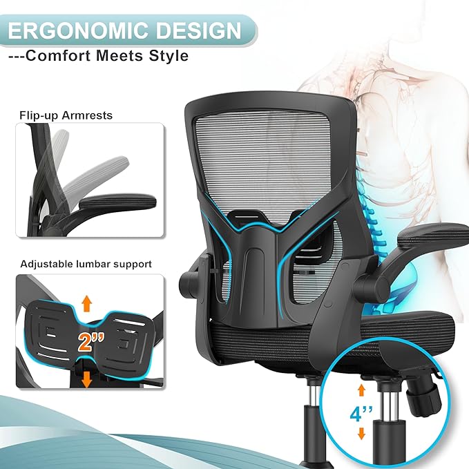 Home Office Chair, High Back Desk Chair Adjustable Height and Ergonomic Design Home Office Computer Chair Executive Lumbar Support Padded Flip-up Armrest Swivel Task Chair - LeafyLoom